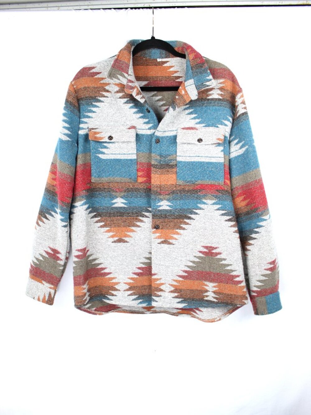 Aztec Southwestern Jacket Women's Multicolor Button Front Shacket Pockets Size M